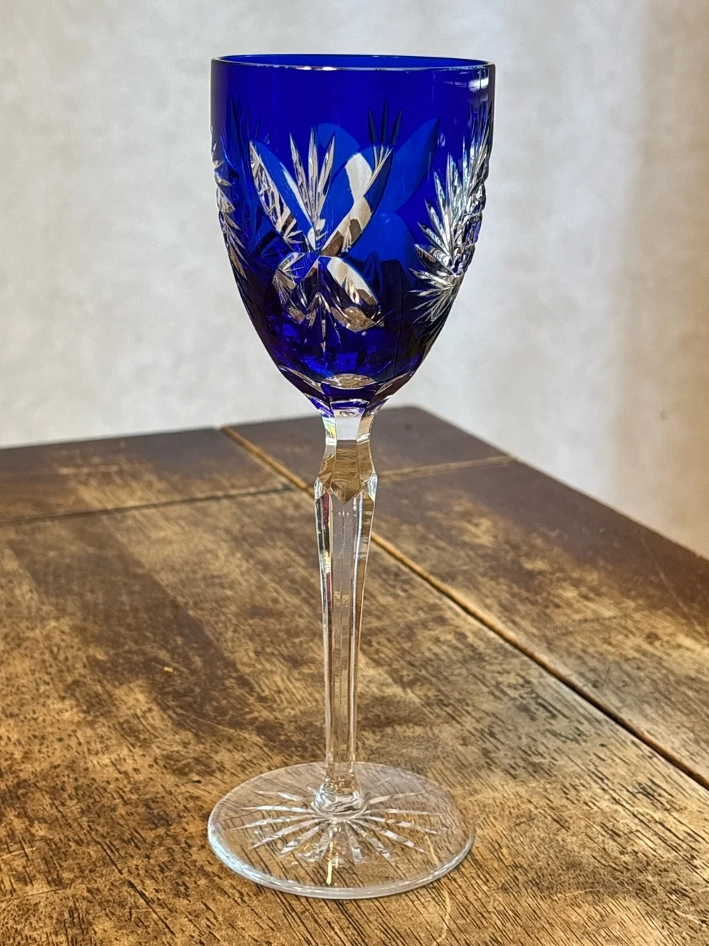 Vintage Bohemian Cobalt Blue Cut to Clear Crystal Wine Goblet Hand Cut 8.5”